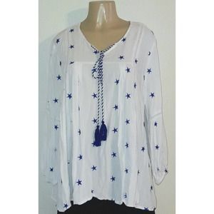 Kaktus Nautical Embroidered Stars Peasant Top Size XL Tassels
